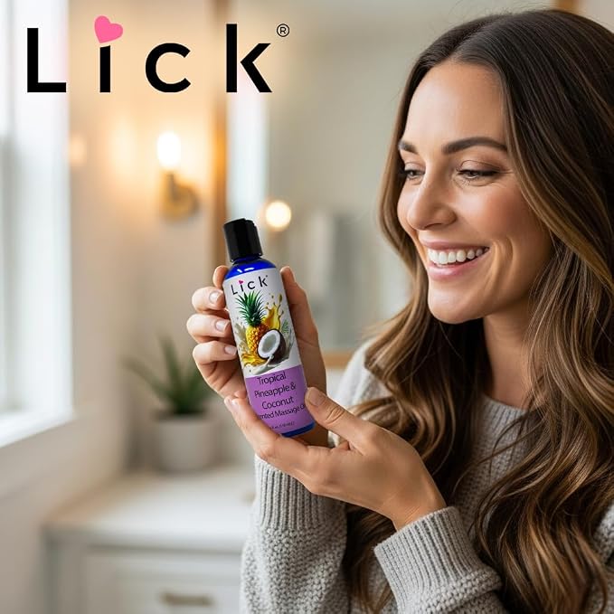 Lick Tropical Pineapple and Coconut Massage Oil with Vitamin E - Edible Body Oil for Couples Massage - Sweet Almond and Coconut Oil Blend - Smooth Long-Lasting Glide for Men and Women - 4 oz