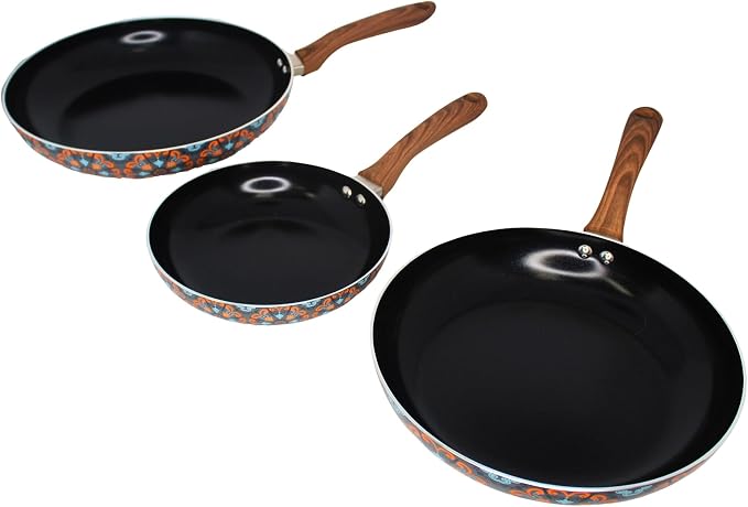 IMUSA 3 Piece 7, 9 & 11 Inch Talavera Aluminum Black Ceramic Fry Pan Set | Nonstick Ceramic Coating, Soft-Touch Handles, Talavera Exterior Design, Ideal for Frying and Sautéing