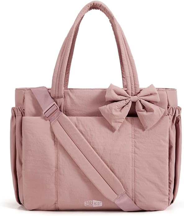 BAGSMART Crush Bow Tote Bag for Women, Puffer Travel Work Yoga Laptop Bag | Large Bow Tote Fits 40oz Tumbler, 15.6" Laptop, Yoga Mat Sleeve, Waterproof Pocket, Travel Work Swim Gym Mom Shoulder Handbag