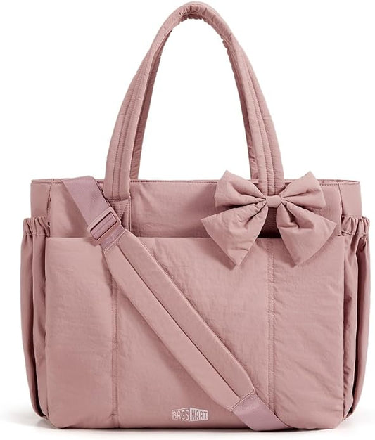 BAGSMART Crush Bow Tote Bag for Women, Puffer Travel Work Yoga Laptop Bag | Large Bow Tote Fits 40oz Tumbler, 15.6" Laptop, Yoga Mat Sleeve, Waterproof Pocket, Travel Work Swim Gym Mom Shoulder Handbag