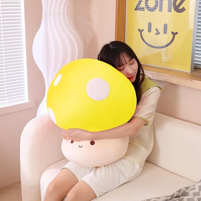 Cute Yellow Mushroom Plush Pillow, 3D Soft Mushroom Plushie Hugging Pillow Gift for Girls Kids Home Decor Christmas Birthday, 25cm