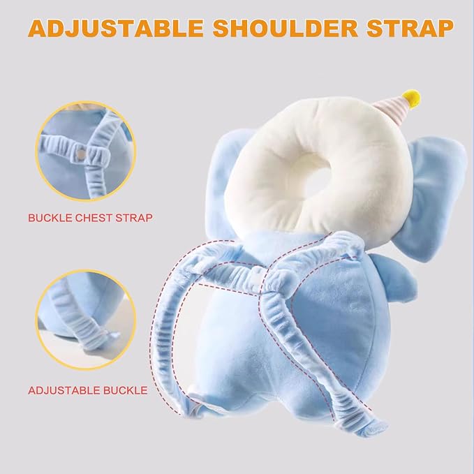 Baby Head Protector Backpack, Adjustable Baby Head Protection Backpack with Baby Knee Pads for Walking & Crawling, Soft, Breathable and Wearing Safety Baby Head Protector - Blue Elephant