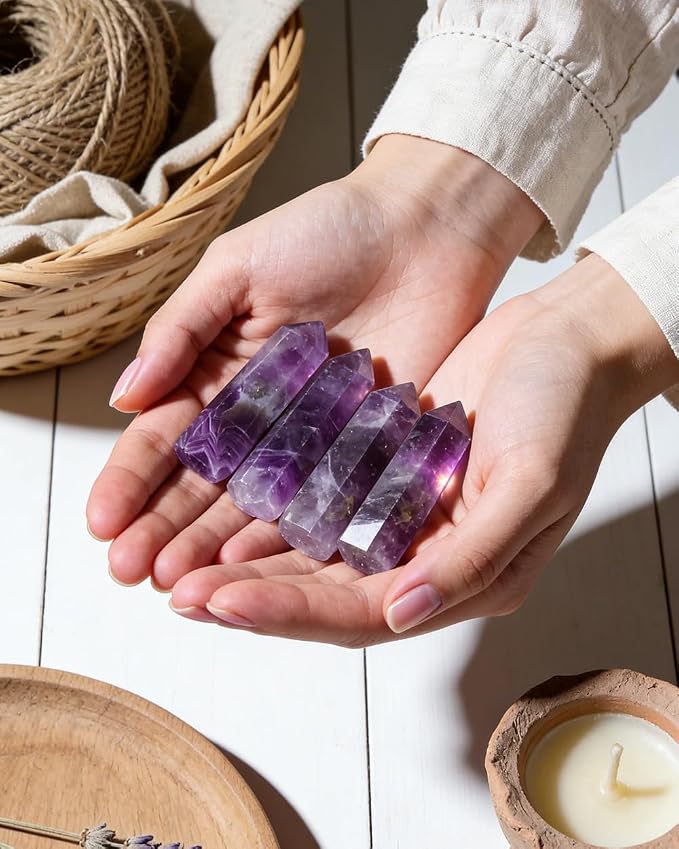 Amethyst Natural Healing Crystal Wand Set - 2.4-2.8" Polished Gemstone Point Obelisk - Hexagonal Towers for Reiki Energy, Chakra Balancing, Meditation & Home Office Decor - Spiritual Gifts for Women