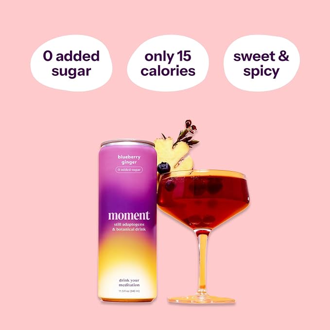 Moment Adaptogen Drink (Shark Tank) - Non Carbonated Botanical Tea - Calm, Clarity & Relaxation with L-Theanine & Ashwagandha - Non Alcoholic Drinks - 0 Sugar 0 Caffeine - 12 Pack 11.5 fl oz