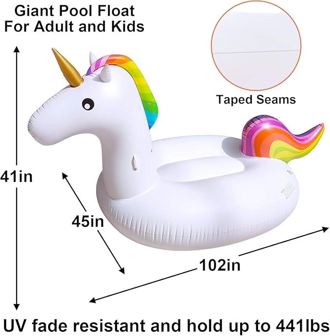 TURNMEON 102" Giant Unicorn Pool Float Inflatable Summer Beach Float Swimming Pool Party Toys Ride-on Lounge Raft Water Pool Floatie for 2-4 Multi Players Adults Lake Floats, Flamingo/Unicorn