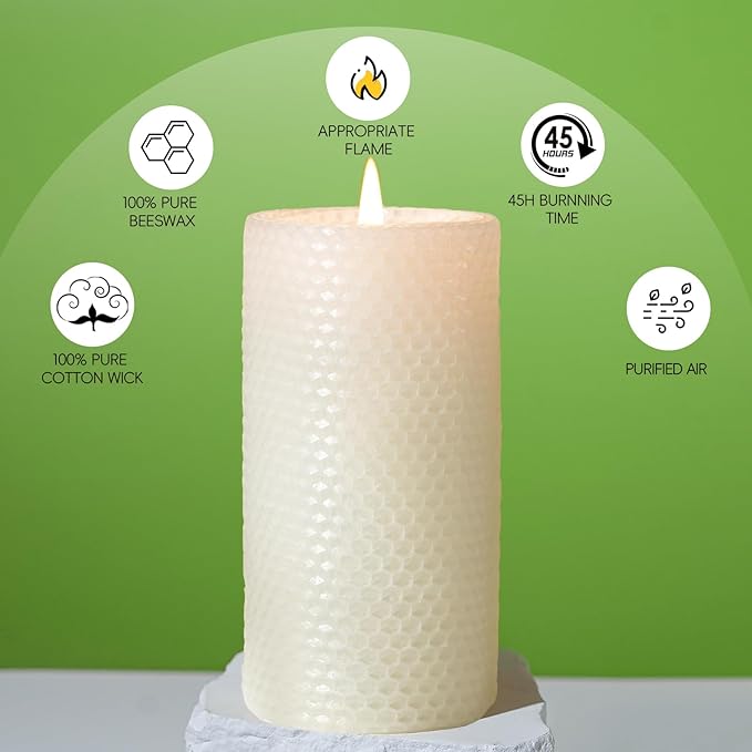 4 Pack Beeswax Pillar Candles, 2.8x6 Inch 180 Hours Hand-Rolled White Large Beeswax Candles, Handmade Pure Bees Wax Honeycomb Bees Wax Candle for Prayer, Unscented Candles