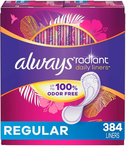 Always Radiant Liners, Unscented, 96 Count,Pack of 4 (Total 384 Count) (Packaging May Vary)