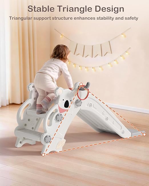 Babytronic Toddler Slide Indoor & Outdoor Playground, 4-in-1 Baby Slide with Climber, Basketball Hoop & Ring Toss, Foldable Freestanding Kids Slide, Climber Playset for Toddlers Ages 1-3, Cream & Gray