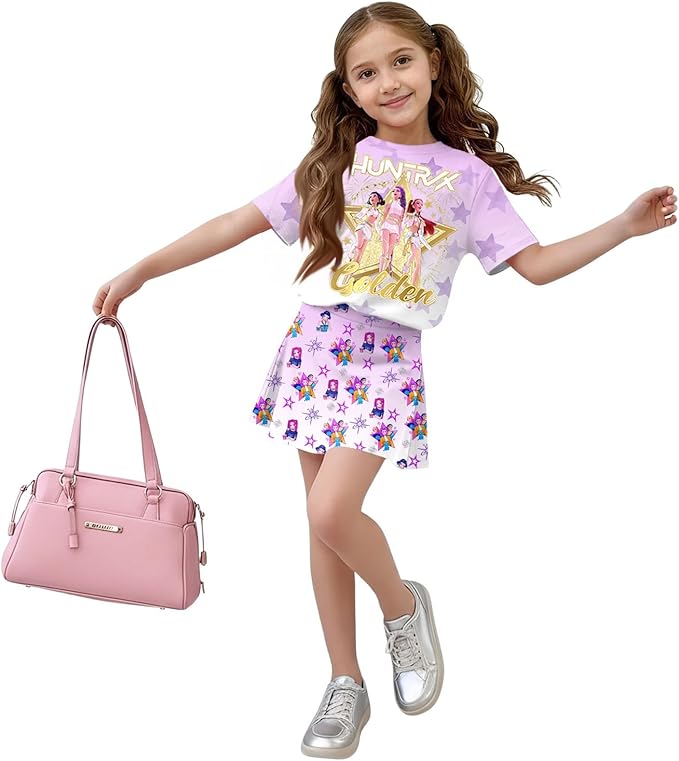 Girls 2-Piece Anime Outfit Set, Short Sleeve Graphic T-Shirt and Printed Skirt Set