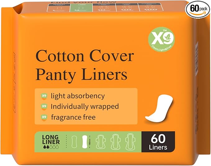 X9 Cotton Cover Panty Liners for Women, Long, 60 Count | Fragrance-Free, Light Absorbency, Soft Cover