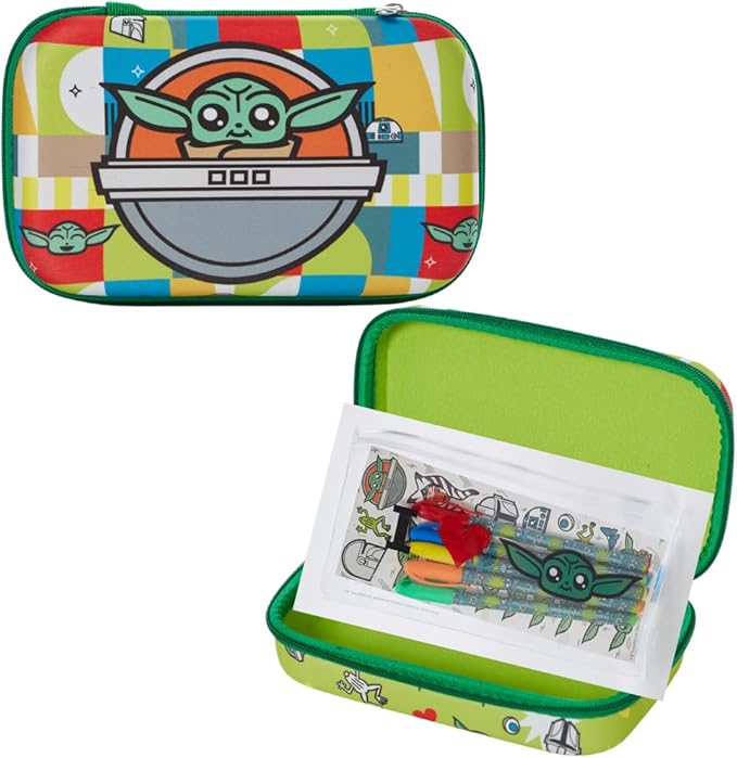 Innovative Designs Star Wars Baby Yoda Mandalorian Pencil Case Set with Stickers and Gel Pens for Kids, Molded with Zip Closure, Green