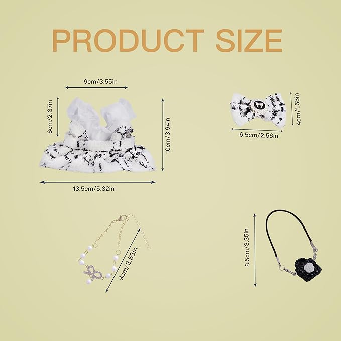 17cm Doll Clothes Set and Accessories Suit,(NO Doll) 5-Piece Set, Outfits for Clothes Set, Dolls Keychain Accessories, Includes Dress, White Clothes，Matching Hair Bow, Necklace, Bags(White)