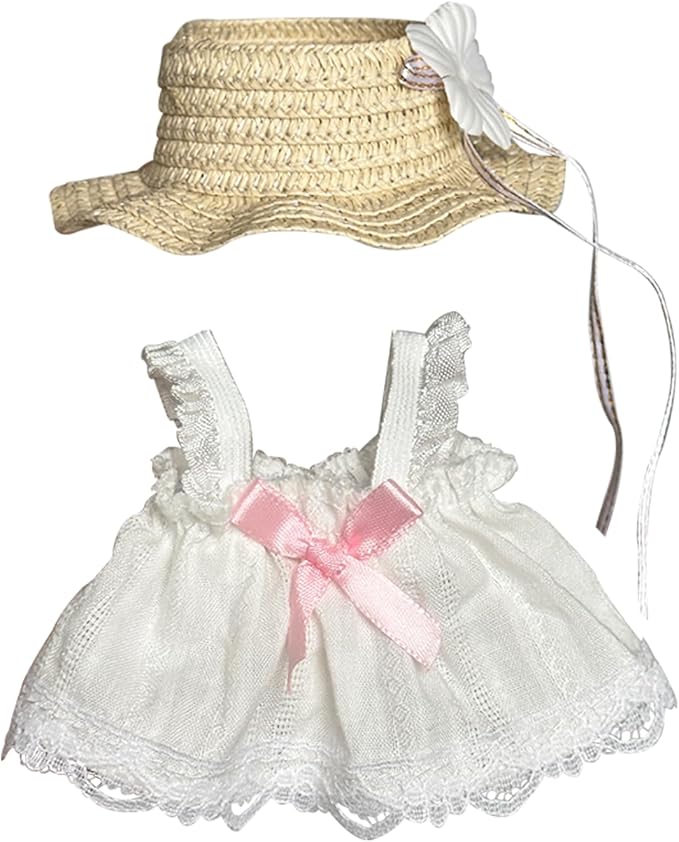 Doll Dress Set, Straw Hat and White Lace Summer Outfit with Bow Accents, Tropical Beach Style Doll Clothes, Hawaiian Vacation