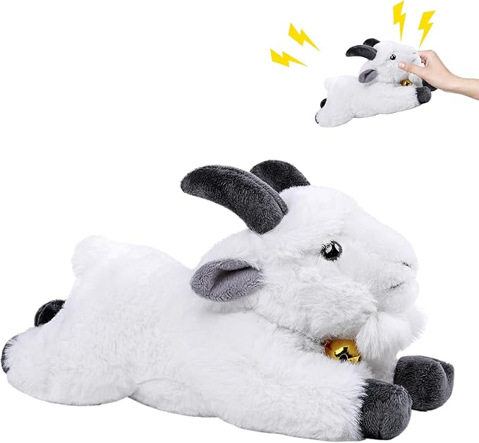 Screaming Lying White Goat with Bell Plush Animal Toy 11in, Realistic Screaming Goat Plush Toy, Cute and Funny White Goat Animal Plushies Model Gift Collection for Kids