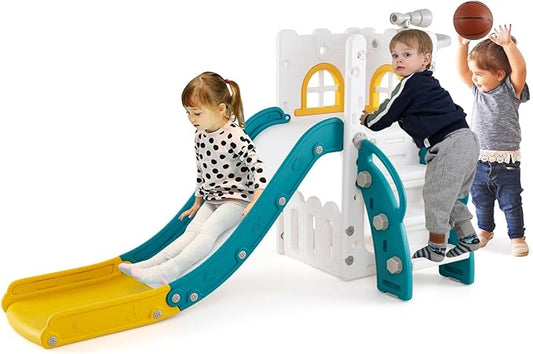 BABY JOY Toddler Slide, 6-in-1 Indoor Kids Slide Playset with Basketball Hoop, Telescope, Climbing Ladder & Storage Space, Freestanding Playhouse & Climber for Kids Aged 1-3 (Yellow)