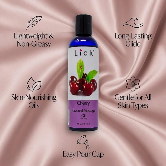 Lick Cherry Flavored Massage Oil – Bold Fruit Edible Massage Oil with Vitamin E, Rich Smooth Body-Safe Glide for Romantic Couples Massage Experiences, 4 oz