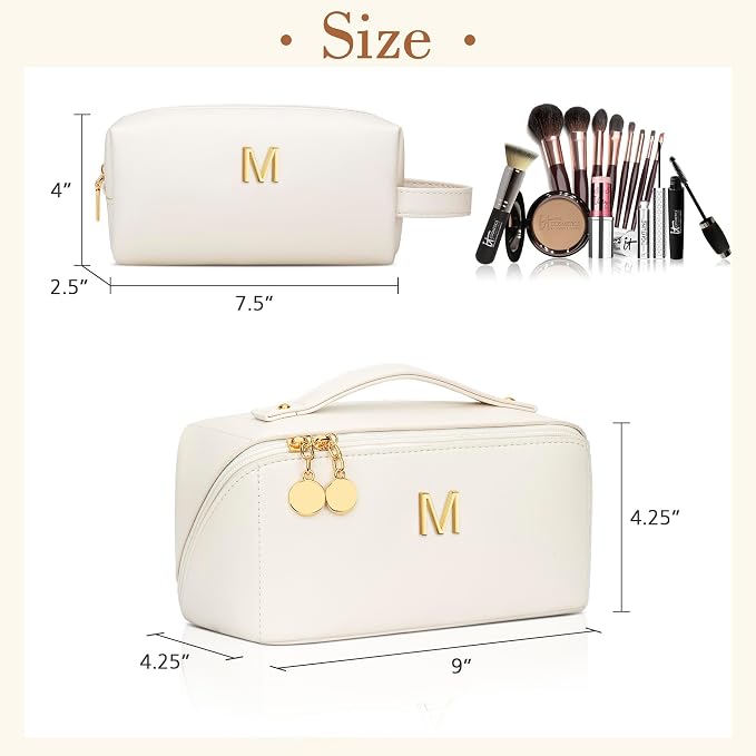 KKXIU Initial Makeup Bag for Women - Personalized Makeup Bag Gifts for Women, Travel Toiletry Bag with PU Leather, Open Flat Design with Top Handle, Cosmetic Bag Set with Multi-Pocket (Beige,M)