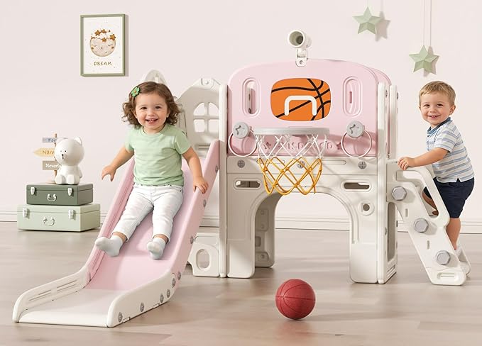 BIERUM 9 in 1 Toddler Slide Set, Baby Slide for Toddlers 1-3 with Ring Toss and Basketball Hoop, Indoor Outdoor Toddler Playset Playground Pink Gray