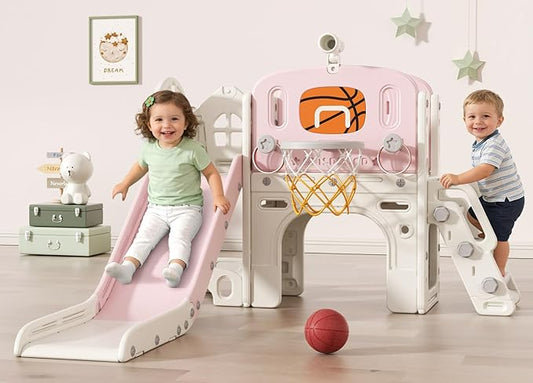 BIERUM 9 in 1 Toddler Slide Set, Baby Slide for Toddlers 1-3 with Ring Toss and Basketball Hoop, Indoor Outdoor Toddler Playset Playground Pink Gray