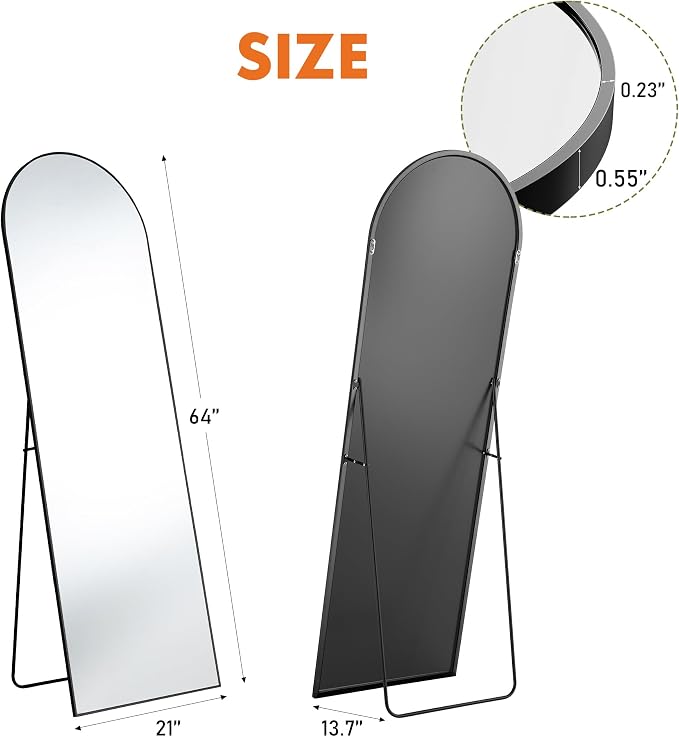 OLIXIS 64"x21.5" Arched Full Length Mirror with Stand, Body Mirror | Shatter-Proof Glass, Hanging or Leaning for Wall, Floor Standing, Bedroom Living Room, Long, Black