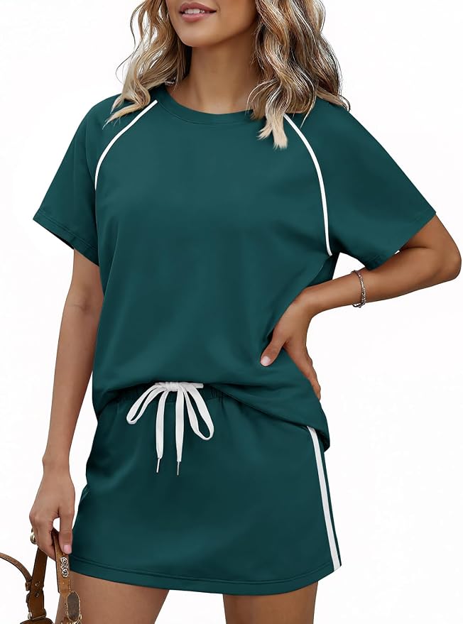 Womens 2 Piece Skirt Sets Summer Tennis Outfits Vacation Skort Set | Two Piece Sets, Short Set, Athletic Workout Golf Outfits, Crew Neck, Color Block, Drawstring, Workout Mathcing Lounge Sets
