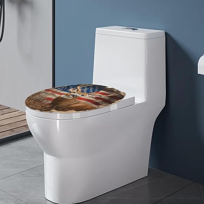 American Flag Deer Toilet Seat Cover for Bathroom 4th of July Decorations Patriotic Toilet Seat Pads Dust Cover Replacement Reusable Replacement Fabric Elastic,Easy to Clean