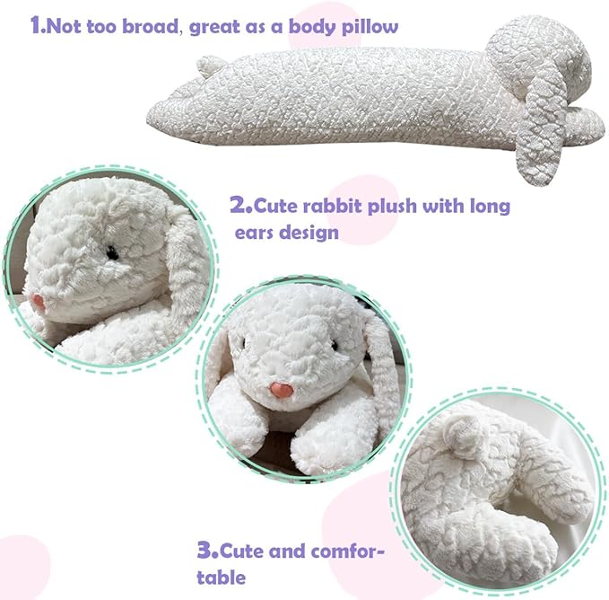 Hofun4U Rabbit Plush Pillow, Rabbit Stuffed Animal, Rabbit Plush Long Body Pillow Gift for Kids Adults (White,47 inch)