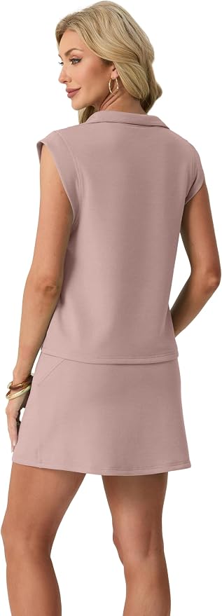 GRECERELLE Women's 2026 Summer 2 Piece Skort Sets Cap Sleeve Zip Collared Top Matching Tennis Skirt with Pockets for Athletic