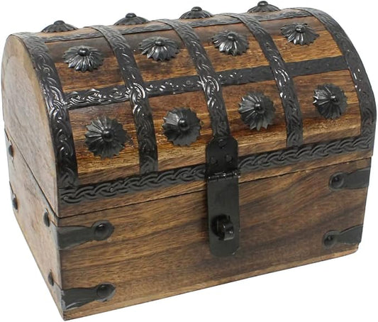 Treasure Chest Keepsake and Decorative Wood Box (Large 8x6x6) - Storage Box, Wooden Box with Hinged Lid, Rustic Storage, Pirate Storage Box, Vintage Wooden Chest