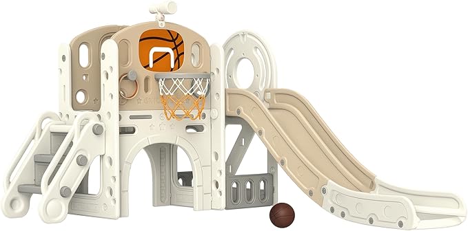 Qaba 7-in-1 Toddler Slide Playset, Kids Slide for Ages 1-6 Years with Ring Toss, Basketball Hoop, Telescope, Indoor Playground with Climber, Storage Space, Crawl Tunnel, Cream White
