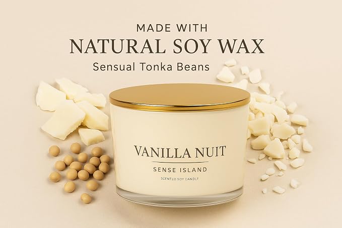 Vanilla Nuit 3 Wick Soy Candle – Large Creamy Vanilla Scented Candle for Home with Gold Lid & Beige Glass Vessal, Natural Soy Wax, Long Lasting Burn – Sensual Gourmand Fragrance, Luxury Gift for Women