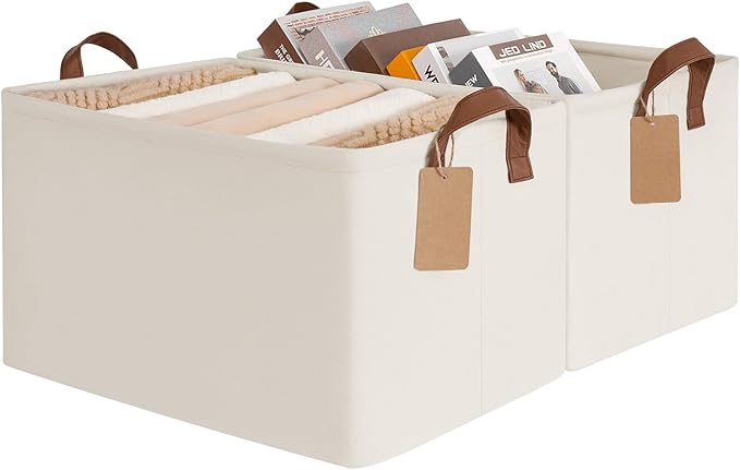 CHICVITA Extra Large Fabric Storage Baskets, Metal Frame, 2-Pack, Beige | 45L, 19" L x 13" W x 11" H, Collapsible Design, Toys, Blankets & Clothes Storage, Closet, Bedroom & Living Room Organization