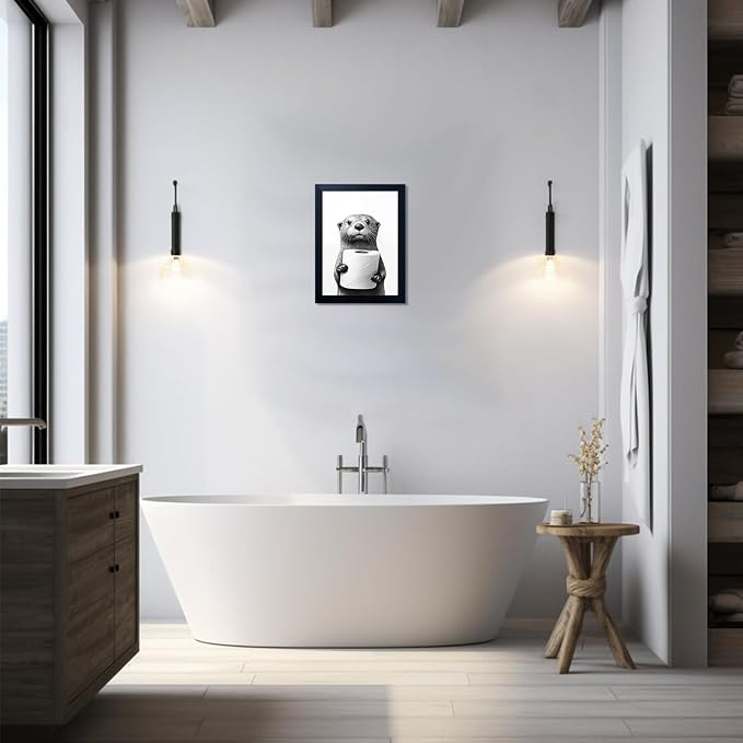 Funny Bathroom Wall Decor Framed Black and White Bathroom Wall Art Toilet Paper in Little Funny Raccoon's Hand Animal Canvas Print Painting Artworks