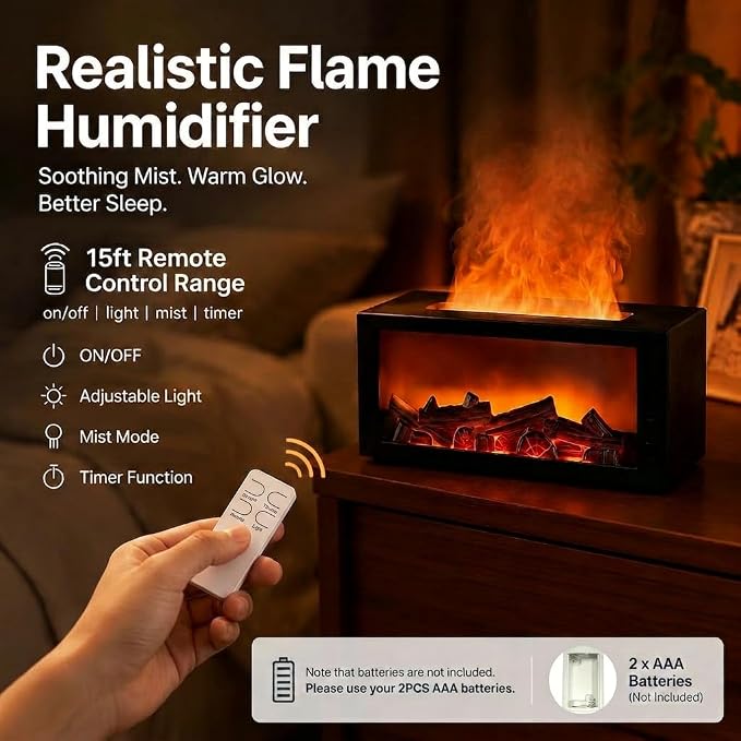 Fireplace Flame Diffuser, 300ML Essential Oil Diffuser with 7 Color Realistic Flame Light, Remote & Timer Aromatherapy Scent Diffuser for Home Bedroom Office Yoga