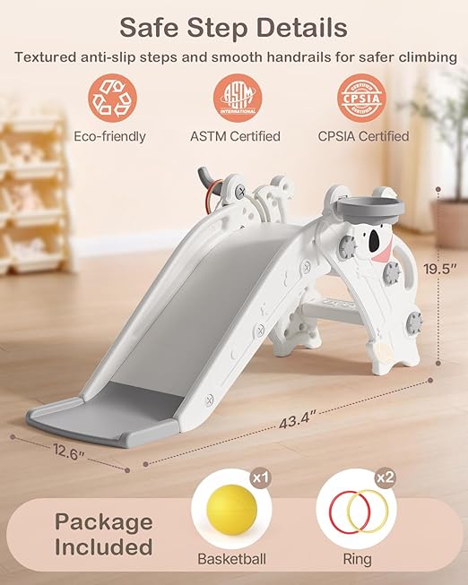 Babytronic Toddler Slide Indoor & Outdoor Playground, 4-in-1 Baby Slide with Climber, Basketball Hoop & Ring Toss, Foldable Freestanding Kids Slide, Climber Playset for Toddlers Ages 1-3, Cream & Gray