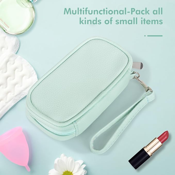 Portable Tampon Organizer - Beige PU Pouch with Handle, Small Case for Feminine Products, Zipper Period Bag for Women's Purse