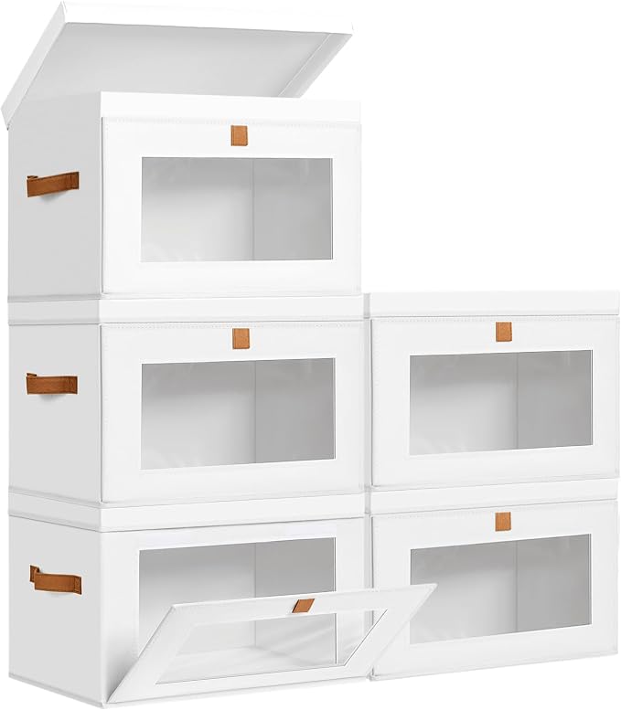 DIMJ Storage Bins with Lids - 5 Pack Large Fabric Closet Organizer with Window & Handles, Collapsible Decorative Storage Boxes for Shelves Under Bed, Books Clothes Blankets Sweaters Organization