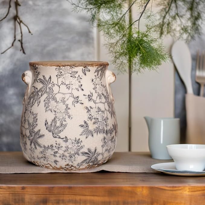 Rustic Farmhouse Ceramic Flower Pots, Vintage Antique Crock Planter & Vase | Terracotta Pots for Indoor/Outdoor, Handmade Crackle Glaze Terracotta Pottery, Home Kitchen Office Decor, Gardening Gifts