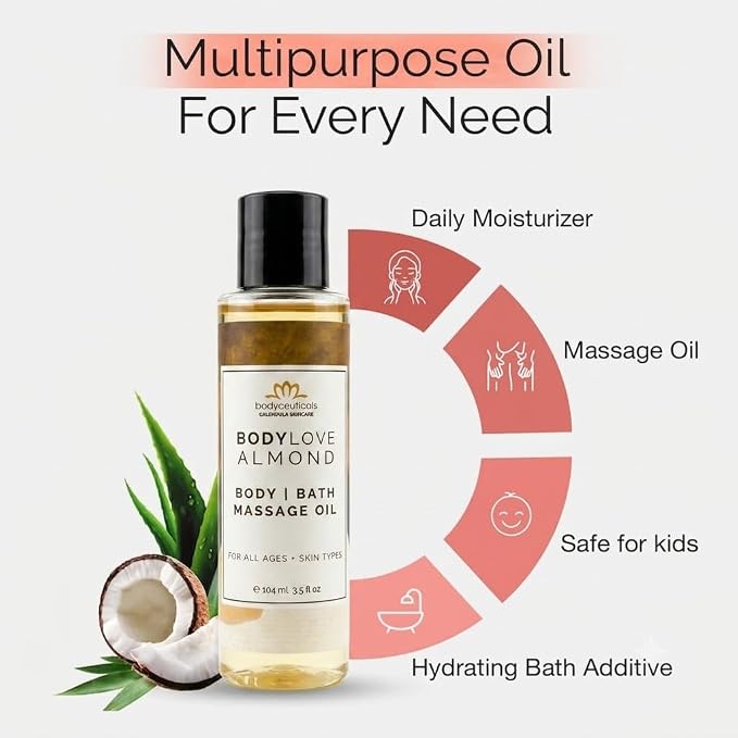 Almond BodyLove Massage Oil – 100% Food-Grade, Organic Hydrating Body Oil with Calendula – Non-GMO, Vegan, Gentle on Sensitive Skin – 3.5 oz