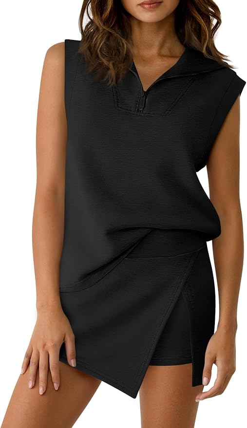 Fisoew Womens 2 Piece Skirt Sets Summer Sleeveless Half Zip Sweatshirt Athletic Skorts Tennis Outfits Casual Sweatsuits
