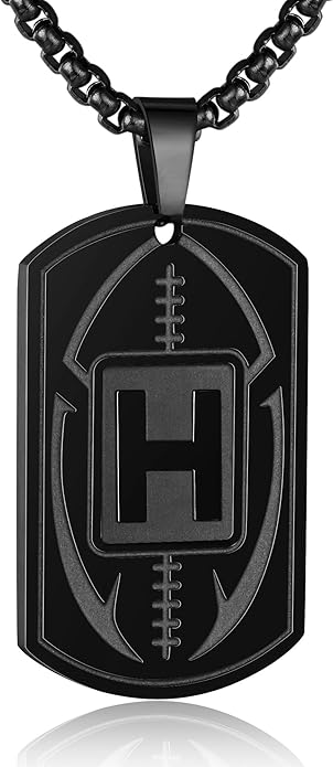 Initial A-Z Dog Tag Necklace for Men - Football Charm Pendant, Stainless Steel Chain 22+2 Inches, Personalized Sports Athletes Jewelry Gift