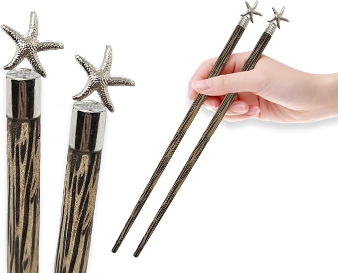 Wooden Chopsticks 9⅞" Coconut Palm Wood Chopstick With Metal Starfish Top Eating Utensils Oriental Cutlery Asian Tableware Decorative Dinnerware to Serve Chinese Japanese Korean Food