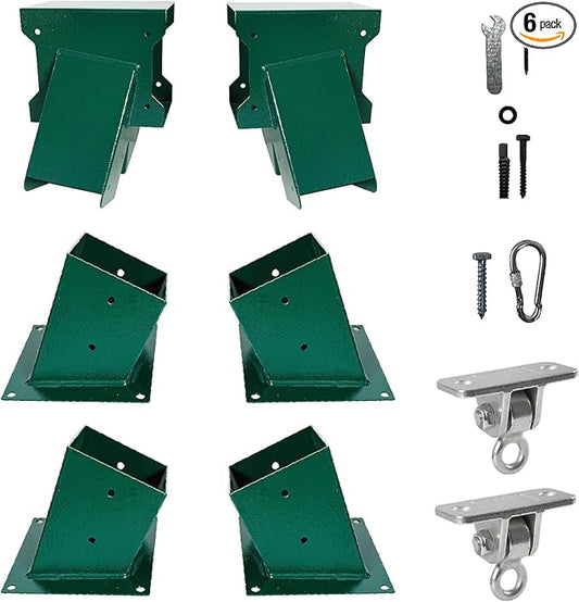 A-Frame Swing Set Brackets - DIY Swing Set Bracket for 4x4 Legs & 4x6 Beam, Installed on Wooden or Concrete Floors, Green (2 End Brackets+4 Bases+2 Hangers)