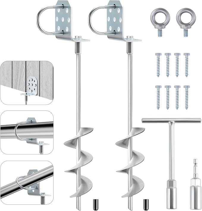Swing Set Anchors 20" – Heavy Duty Ground Anchors Screw in with L-Brackets & Drill Adapter, Fully Welded Spiral Earth Anchor for Storage Sheds, Trampoline, Fence, Carports