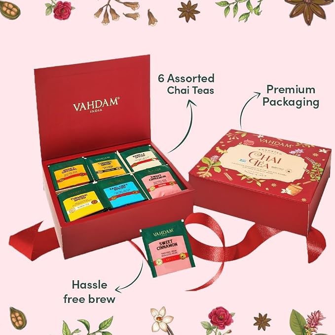 VAHDAM, Assorted Chai Tea Variety Pack (6 Delicious Flavors, 36 Eco Friendly Pyramid Tea Bags) Caffeinated, Gluten Free, Non GMO | Indian Masala Chai Tea Blends | Tea Gift Set for Men and Women