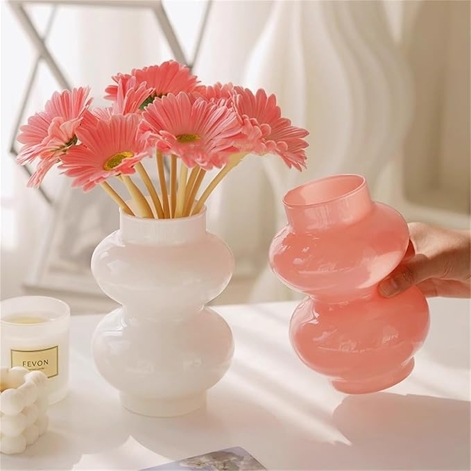 JSPYFITS Glass Hydroponic Flower Vase, Double Balls Colored Glasses Bubble Vases for Flower, 7 Inches Glass Funky Vase for Home/Office/Weddings/Party Table Décor (White)