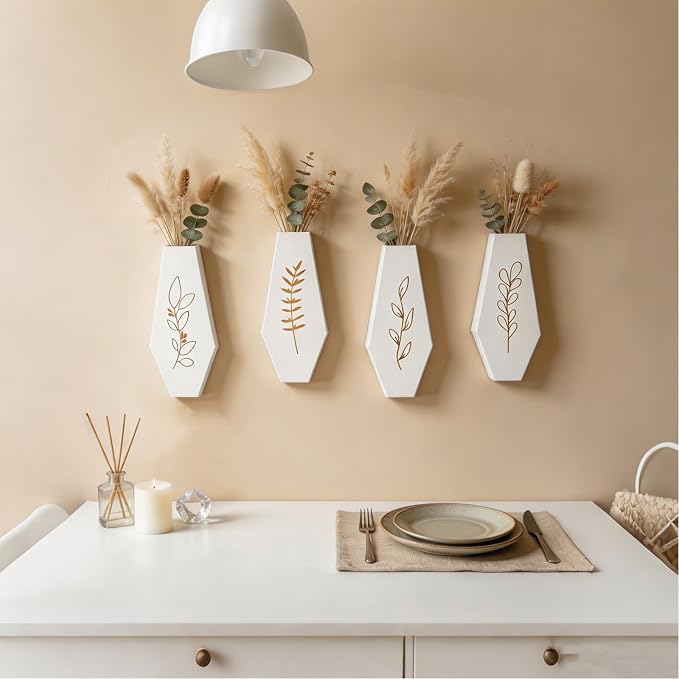 Wood Wall Vase 4 Pack, Modern Farmhouse & Boho Wall Decor Wooden Hanging Planter Set, Minimalist Wall Mounted Vase for Living Room, Entryway, Hallway, Bathroom, Dining Room(White)