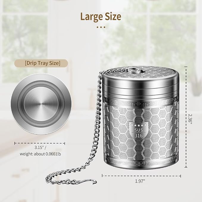 Tea Infuser for Loose Leaf Tea with Drip Trays, Extra Fine Mesh Tea Infuser, 316 Stainless Steel Loose Leaf Tea Steeper for Black Tea, Rooibos, etc (1 Pack - Large)