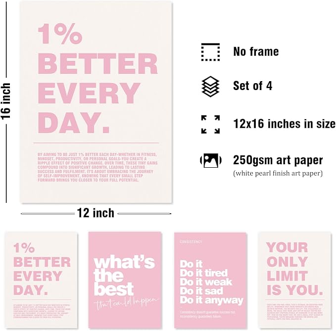 DSHFG Motivational Inspirational Office Wall Art Decor Pink Prints 4Pcs | Pink Office Motivational Wall Decor Trendy Retro Positive Affirmations Quotes Wall Decor Posters, 12x16 Unframed