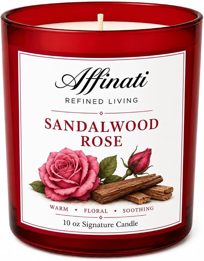 Affinati Sandalwood Rose 10 oz Scented Candle – Long Lasting Luxury Soy Blend Candle for Home, Strong Scent Throw Rich Woody Floral Aromatherapy Candle, Premium Clean Burning Gift for Women